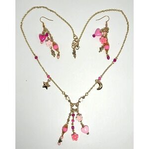 Handmade Pink Necklace and Earring Set Kidcore Pink Floral Whimsical Moon Hearts